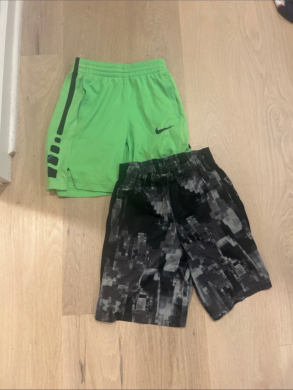 Nike Kids' Neon Green Athletic Shorts + Grey UA Shorts BUNDLE (Boys Small)
